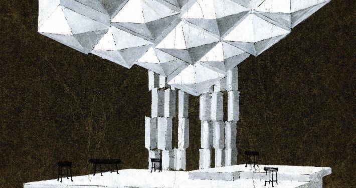 Janez Lenassi, scenski osnutek (25 x 35,6 cm, tempera, tuš) za uprizoritev Primož Kozak: Afera (režiser France Jamnik, Drama Slovenskega narodnega gledališča v Ljubljani, 1961/62) Vir: Ikonoteka SLOGI – Gledališki muzej.