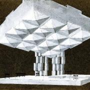 Janez Lenassi, stage design sketch (25 x 35.6 cm, tempera, pencil, marker pen) for the performance Primož Kozak: The Affair (directed by France Jamnik, SNT Drama Ljubljana, 1961/62). Source: SLOGI Iconotheque – Theatre Museum.