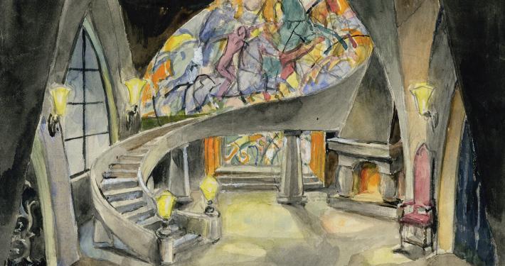 Ivan Vavpotič, scenski osnutek za uprizoritev Marij Kogoj: Črne maske (režiser Boris Krivecki, Opera Narodnega gledališča v Ljubljani, 1928/29). Vir: Ikonoteka SLOGI – Gledališki muzej.