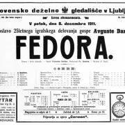 Gledališki plakat Slovenskega deželnega gledališča v Ljubljani za Dramo Fedora in zasedbo z Danilovo v glavni vlogi. Vir: Ikonoteka SLOGI – Gledališki muzej.