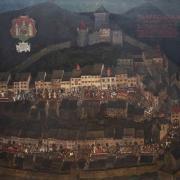 Boris Kobe: Škofjeloški pasijon, olje na lesu, 181 x 208 cm. Naslikano po naročilu Slovenskega gledališkega muzeja leta 1967. Vir: Ikonoteka SLOGI – Gledališki muzej.