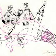Melita Vovk. Stage design sketch, 29,5 x 41,5 cm, marker pen, ink. Eugène Labiche, Mister Eustachius of Šiška (Célimare le bienaimé), director Miran Herzog, scenographers Melita Vovk and Milan Butina, costume-designers Melita Vovk and Darja Vidic, Ljubljana City Theatre, opening on October 15, 1970. Source: SLOGI Iconotheque – Theatre Museum.