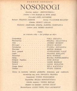 Zasedba. Eugène Ionesco: Nosorogi, režiser France Jamnik, SNG Drama Ljubljana, premiera 23. 6. 1961.