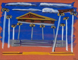 Aristofan, Lisistrata, režiser Mirko Mahnič, Mestno gledališče ljubljansko, premiera 23. 5. 1953. Scenografski osnutek: Milan Butina; hrani: Ikonoteka SLOGI – Gledališki muzej.