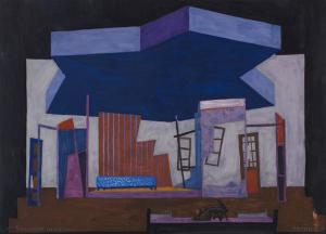 Armand Salacrou, Življenje ni resno, režiser Jože Gale, Mestno gledališče ljubljansko, premiera 19. 5. 1956. Scenografski osnutek: Milan Butina; hrani: Ikonoteka SLOGI – Gledališki muzej.