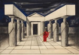 Sofokles, Kralj Edip, neizvedeno, 1961. Scenografski osnutek: Milan Butina; hrani: Ikonoteka SLOGI – Gledališki muzej.