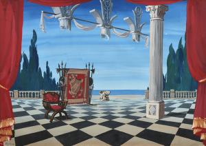 William Shakespeare, Twelfth Night or What You Will, directed by Janez Vrhunc, Ljubljana City Theatre, première October 9, 1963. Set design sketch: Milan Butina; source: Iconotheque SLOGI – Theatre Museum.