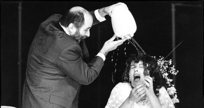 Ivan Cankar, For the Good of the Nation, directed by Mile Korun, Ljubljana City Theatre, premiere 30 September 1993. Janez Hočevar as Aleksij pl. Gornik and Jožica Avbelj as Helena. Excerpt from the photograph. Photo: Tone Stojko, Source: Iconotheque SLOGI – Theatre Museum.