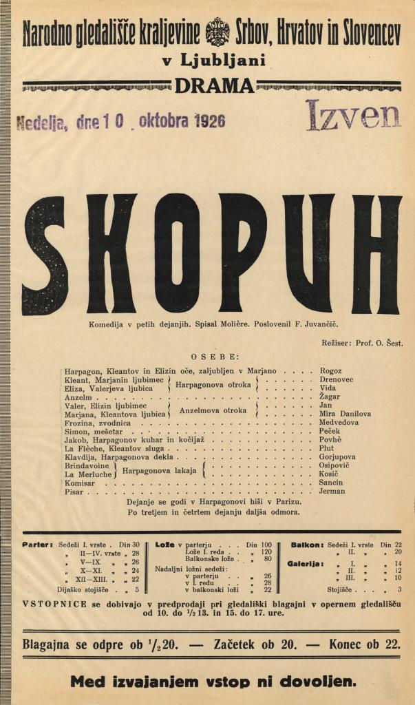 Plakat_Skopuh__1926 Plakat za tretjo slovensko uprizoritev Molièrove igre. Vir: Ikonoteka SLOGI – Gledališki muzej.