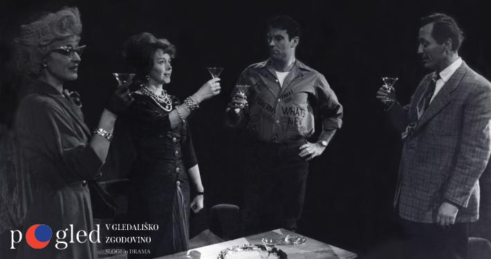 Edward Albee, Ameriški sen, režiser Žarko Petan, Komorni oder ljubljanske Drame, premiera 19. januarja 1963, Križanke, Viteška dvorana. Izsek fotografije. Foto: Vlastja Simončič; vir: Ikonoteka SLOGI – Gledališki muzej.