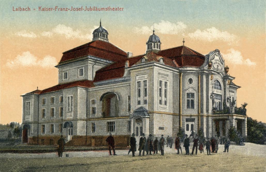 Jubilejno gledališče cesarja Franca Jožefa, razglednica. Vir: Ikonoteka SLOGI – Gledališki muzej.