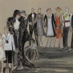Costume Sketches by Cveta Mirnik for the Farcical Tragedy Victor, or The Children in Power by Roger Vitrac, Celje City Theatre, 1992. Mixed painting techniques (crayon, felt tip pen, watercolor), paper, 36 x 50 cm; Slovenian Theatre Institute.