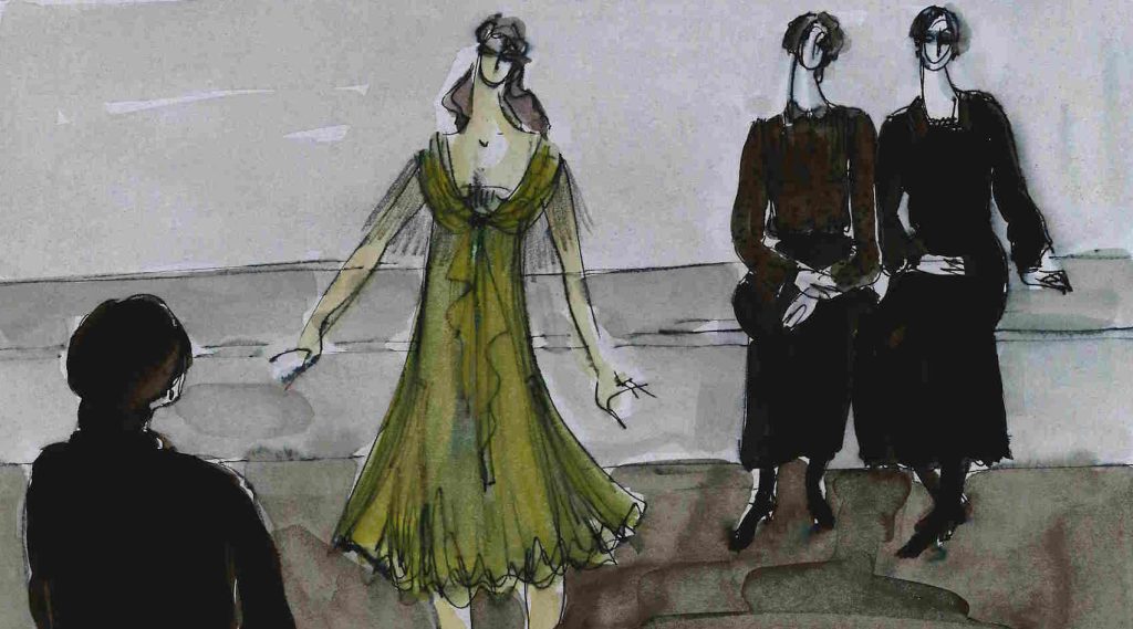 Kostumske skice Cvete Mirnik za dramo Dom Bernarde Alba Federica Garcíe Lorce (nerealizirana, 1996). Izsek. Mešana tehnika (tuš, flomaster, akvarel), karton, 17,5 x 25 cm; Medobčinska splošna knijžnica Žalec.