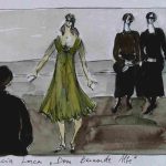 Kostumske skice Cvete Mirnik za dramo Dom Bernarde Alba Federica Garcíe Lorce (nerealizirana, 1996). Mešana tehnika (tuš, flomaster, akvarel), karton, 17,5 x 25 cm; Medobčinska splošna knijžnica Žalec.