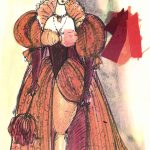 Kostumska skica Cvete Mirnik za komedijo Stefana Zweiga (po Benu Jonsonu) Volpone, SLG Celje, 1989. Canina. Mešana tehnika (flomaster, akvarel, pripeto blago), papir, 40,6 x 28,5 cm; SLOGI.