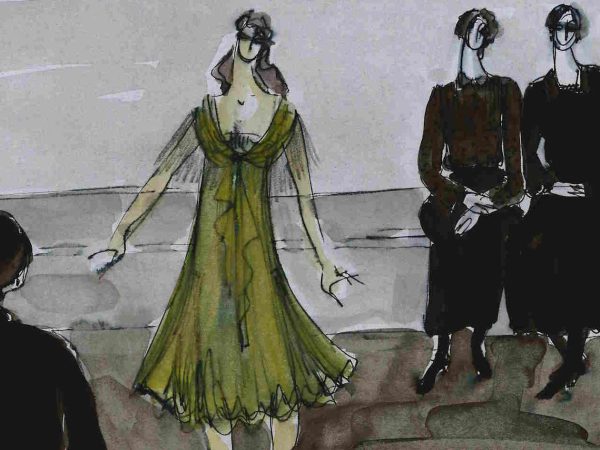 Kostumske skice Cvete Mirnik za dramo Dom Bernarde Alba Federica Garcíe Lorce (nerealizirana, 1996). Izsek. Mešana tehnika (tuš, flomaster, akvarel), karton, 17,5 x 25 cm; Medobčinska splošna knijžnica Žalec.