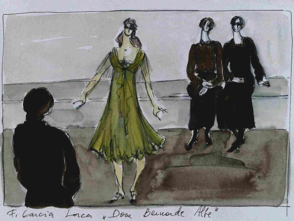 Kostumske skice Cvete Mirnik za dramo Dom Bernarde Alba Federica Garcíe Lorce (nerealizirana, 1996). Mešana tehnika (tuš, flomaster, akvarel), karton, 17,5 x 25 cm; Medobčinska splošna knijžnica Žalec.